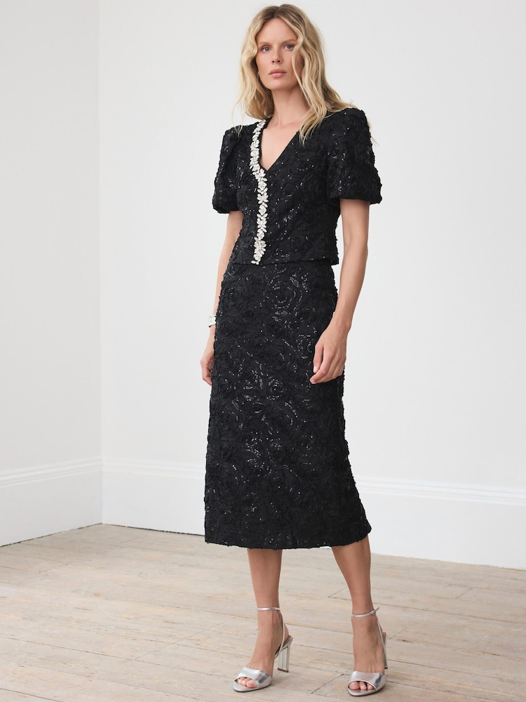 Mint Velvet Black Sequin Midi Skirt - Image 1 of 8 Mint Velvet Black Sequin Midi Skirt - Image 1 of 8