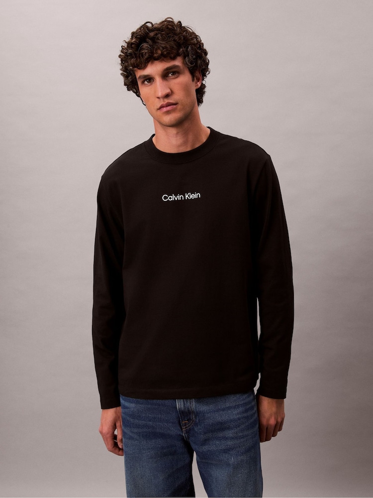 Calvin Klein Black Long Sleeve Relaxed Logo Crew Neck T-Shirt - Image 1 of 6