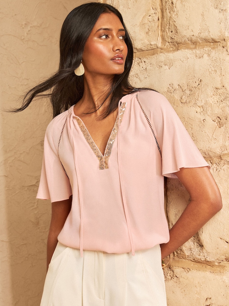 Love & Roses Blush Pink Sequin Trim V-Neck Short Sleeve Blouse - Image 1 of 4