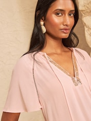 Love & Roses Blush Pink Sequin Trim V-Neck Short Sleeve Blouse - Image 2 of 4