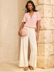 Love & Roses Blush Pink Sequin Trim V-Neck Short Sleeve Blouse - Image 3 of 4