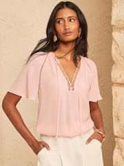 Love & Roses Blush Pink Sequin Trim V-Neck Short Sleeve Blouse - Image 4 of 4