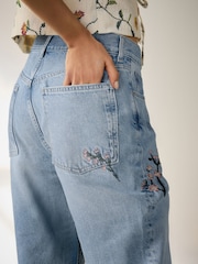 Light Blue Floral Embroidered Authentic High Rise City Straight Leg Jeans - Image 5 of 8