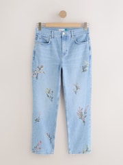 Light Blue Floral Embroidered Authentic High Rise City Straight Leg Jeans - Image 6 of 8