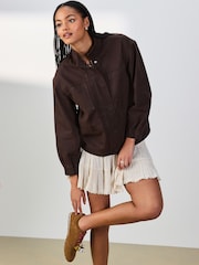 Chocolate Brown Denim Funnel Neck Zip Through Drawstring Jacket - Image 1 of 4