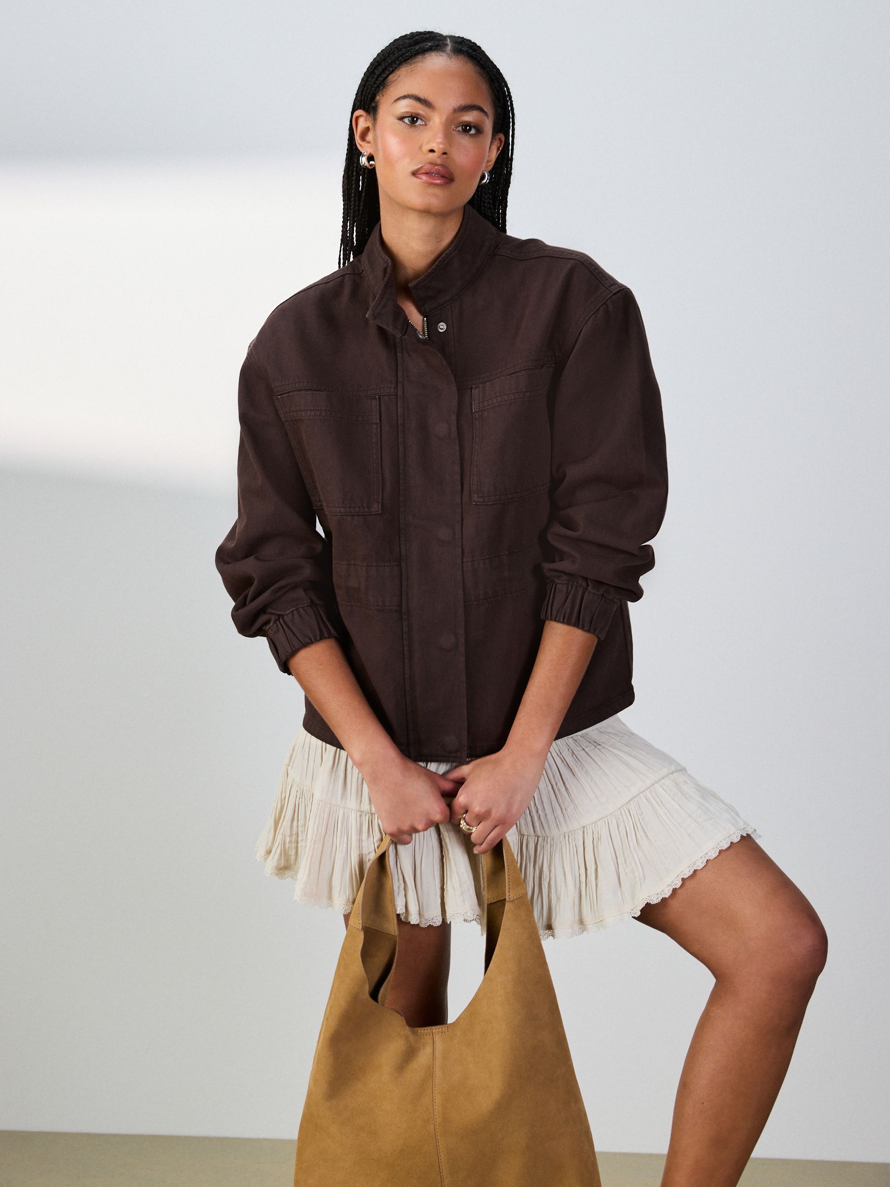 Buy Chocolate Brown Denim Funnel Neck Zip Through Drawstring