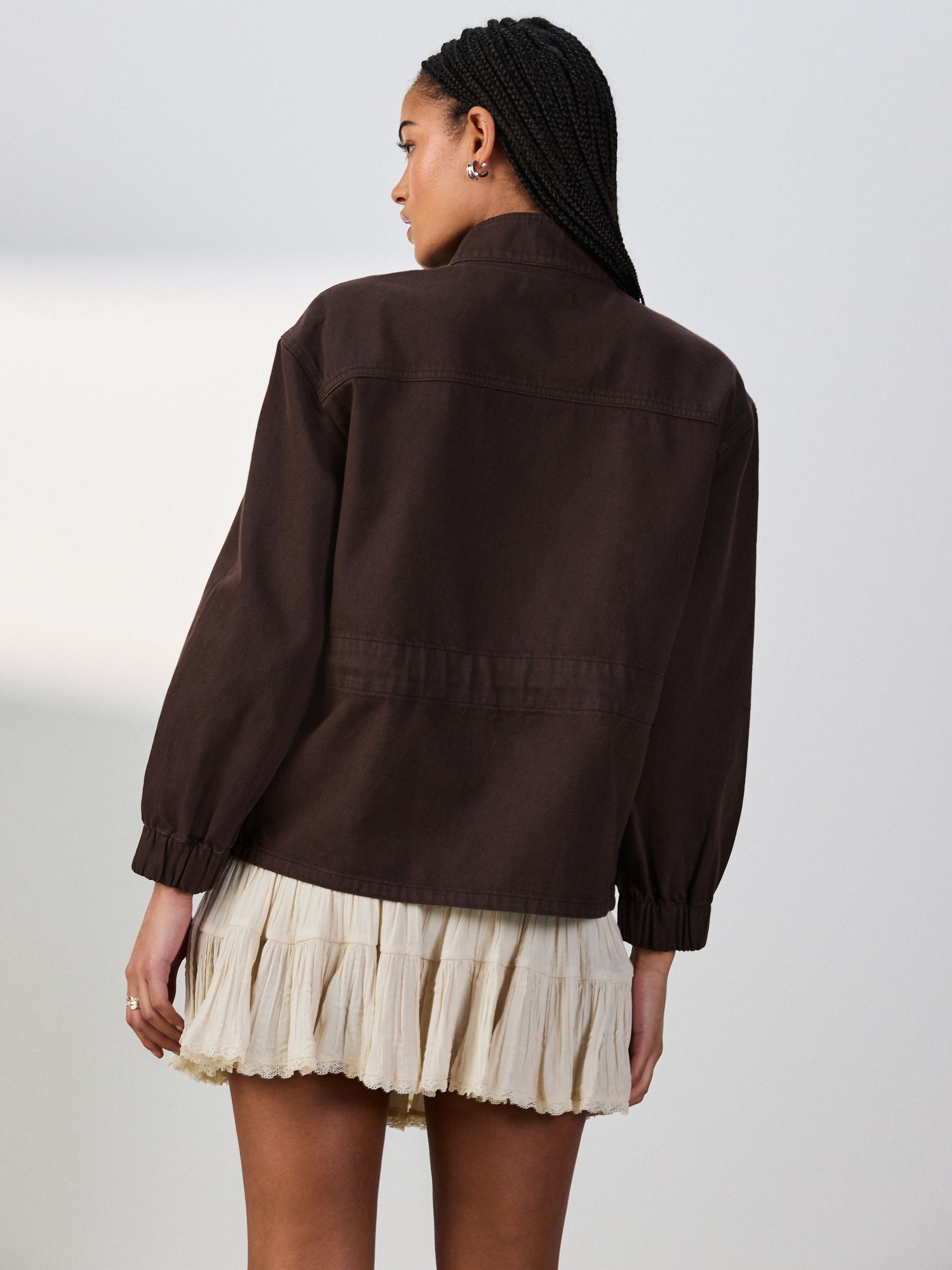 Buy Chocolate Brown Denim Funnel Neck Zip Through Drawstring