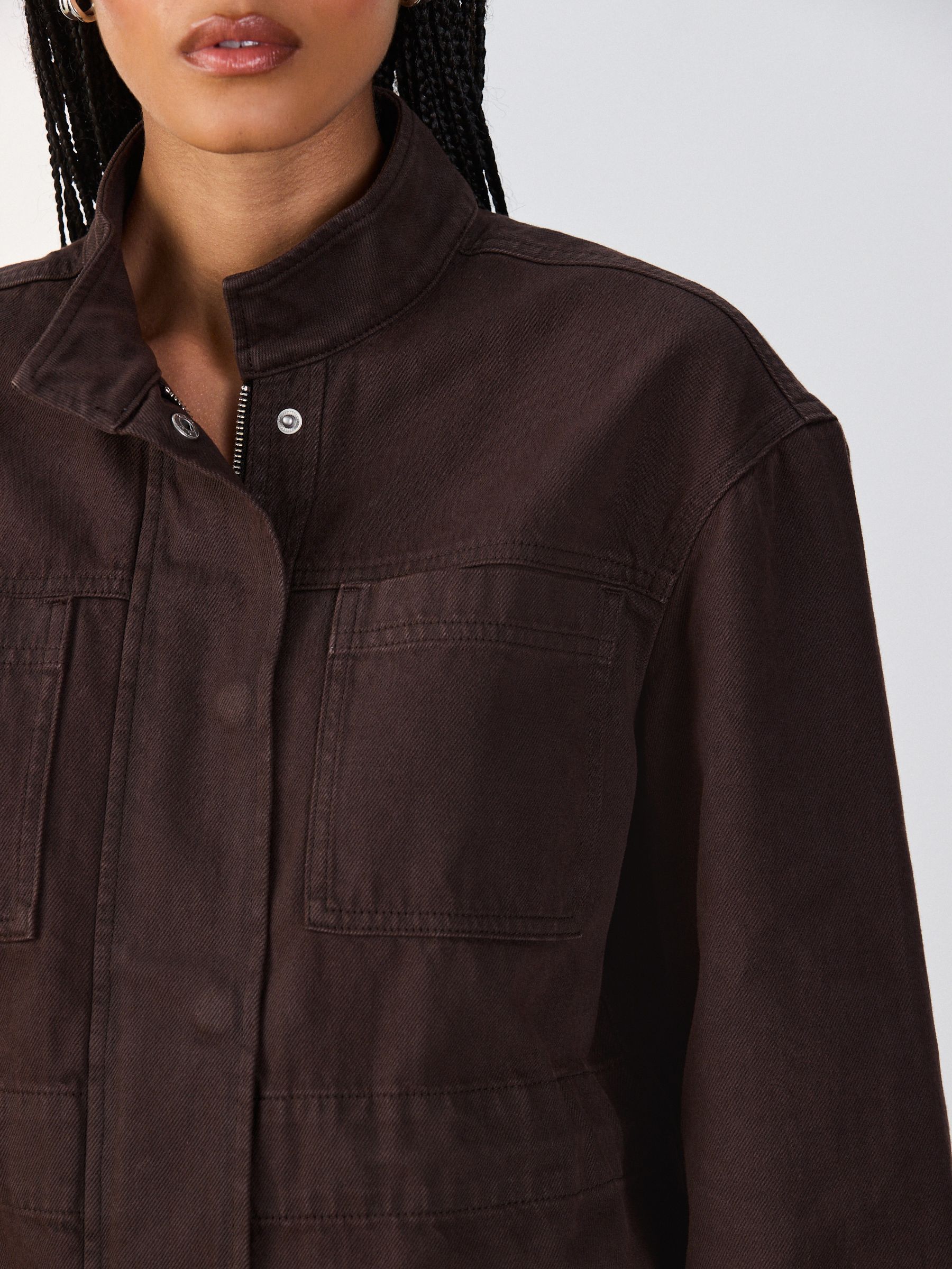 Buy Chocolate Brown Denim Funnel Neck Zip Through Drawstring