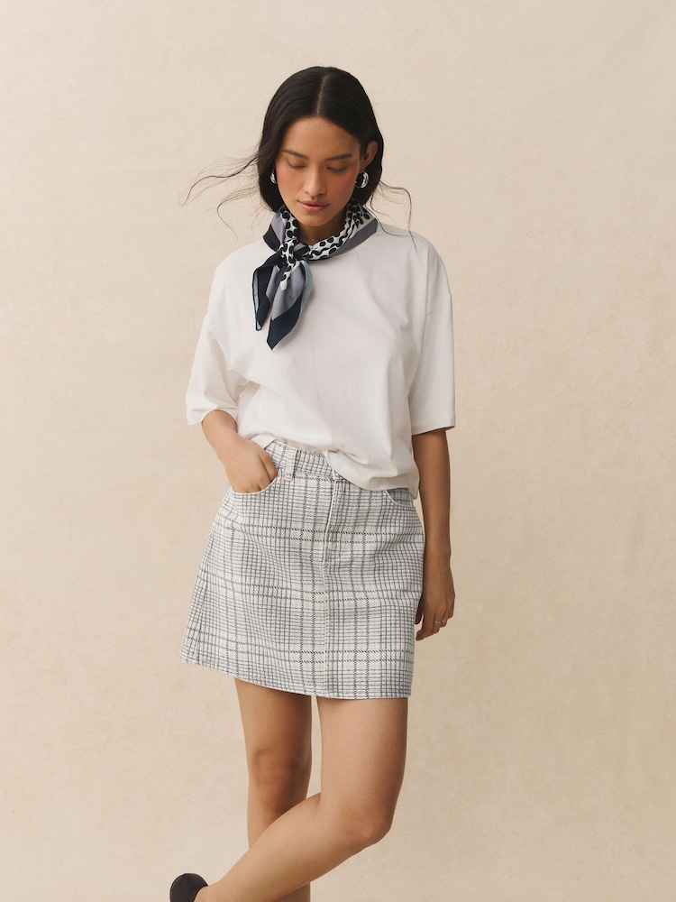 Neutral Checked Denim Mini Skirt - Image 1 of 8