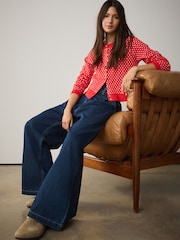 Dark Blue High Rise Double Button Waist Palazzo Jeans - Image 1 of 6