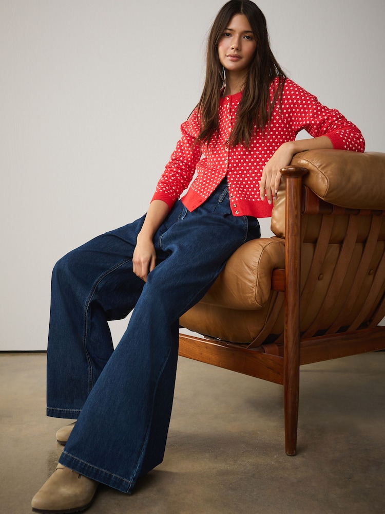 Dark Blue High Rise Double Button Waist Palazzo Jeans - Image 1 of 6