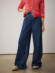 Dark Blue High Rise Double Button Waist Palazzo Jeans - Image 2 of 6