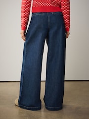 Dark Blue High Rise Double Button Waist Palazzo Jeans - Image 3 of 6