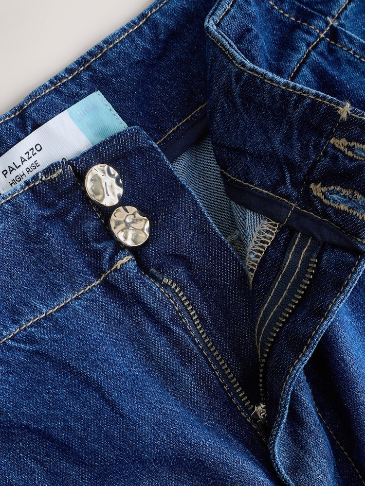 Dark Blue High Rise Double Button Waist Palazzo Jeans - Image 9 of 9