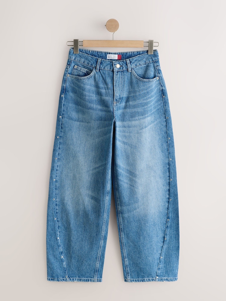 Silver Stud Mid Blue Twisted Seam Barrel Jeans - Image 1 of 4 Silver Stud Mid Blue Twisted Seam Barrel Jeans - Image 1 of 4