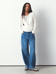 銀色鉚釘中藍色 - 扭縫桶形牛仔褲 - 圖片 5，共 7