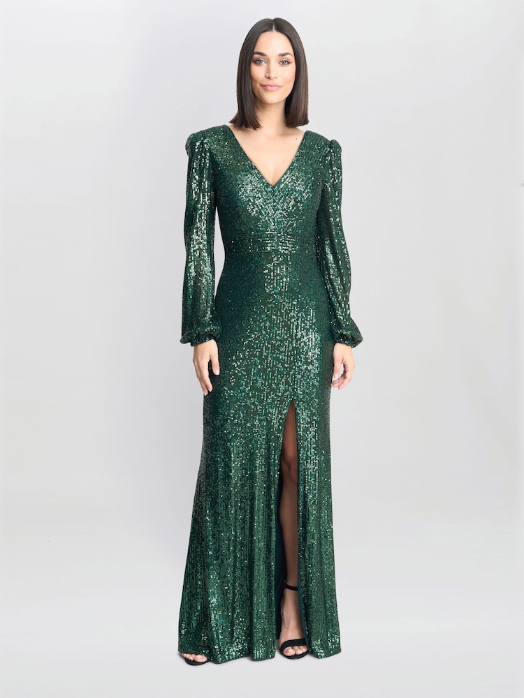 gina bacconi maxi dresses Womens Gina Bacconi Green Alison Sequn V-Neck Maxi Dress US 16