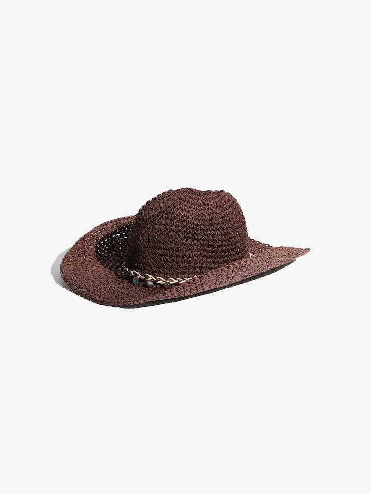Lipsy Chocolate Brown Raffia Trim Western Hat - Image 1 of 3