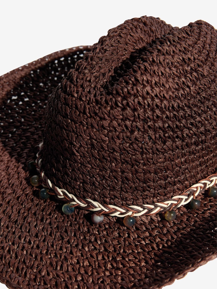 Lipsy Chocolate Brown Raffia Trim Western Hat - Image 3 of 3