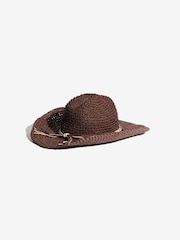 Lipsy Chocolate Brown Raffia Trim Western Hat - Image 5 of 6