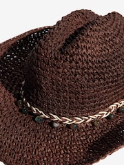 Lipsy Chocolate Brown Raffia Trim Western Hat - Image 6 of 6