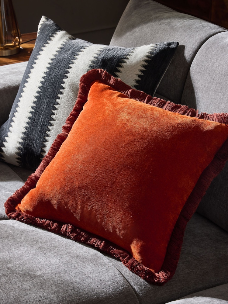 Orange 45 x 45cm Soft Velour Fringe Cushion - Image 1 of 4