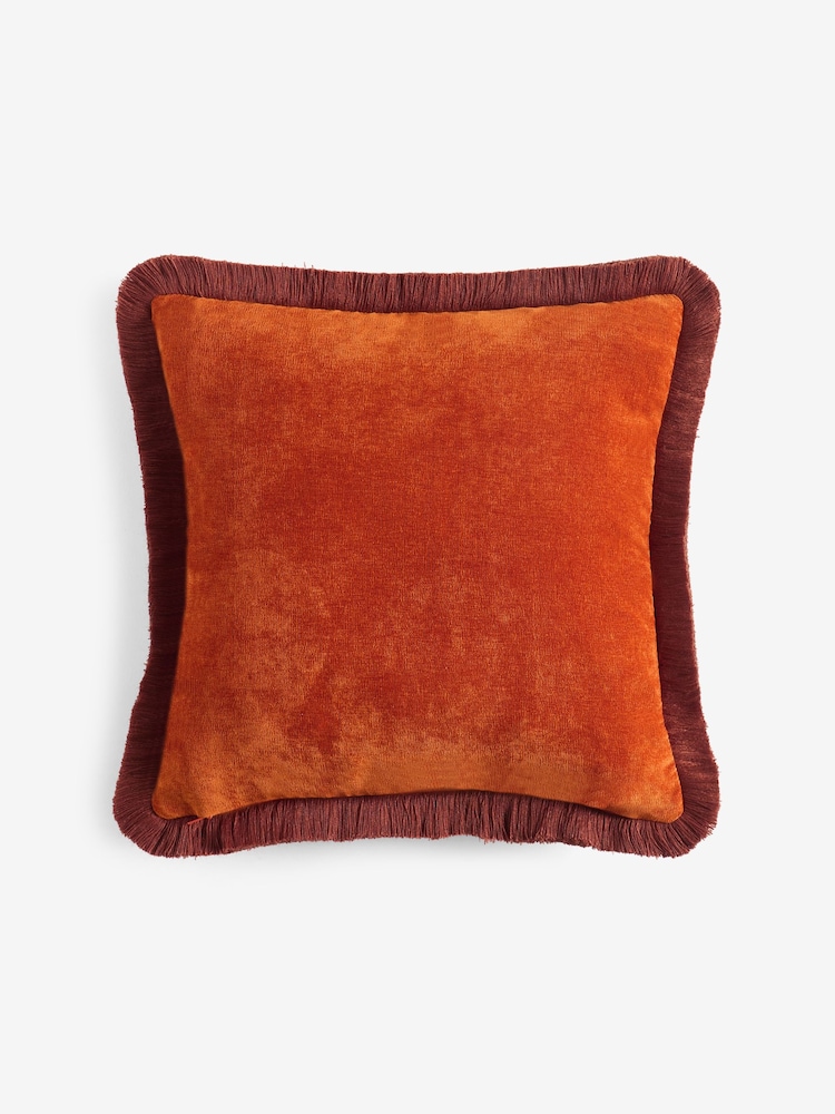 Orange 45 x 45cm Soft Velour Fringe Cushion - Image 4 of 4