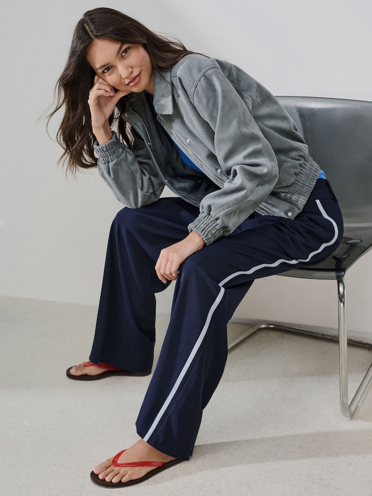 Navy Elastic Back Side Stripe Wide Leg Trousers - Image 1 of 4