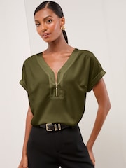 Lipsy Khaki Green Zip Front Utility T-Shirt - Image 1 of 4