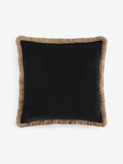 Black 45 x 45cm Soft Velour Fringe Cushion - Image 1 of 2