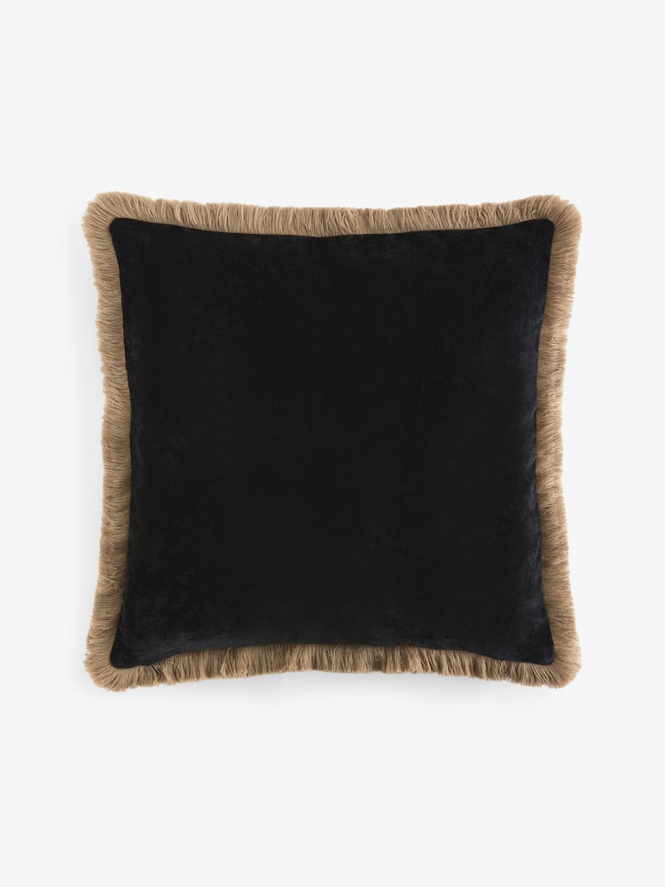 Black 45 x 45cm Soft Velour Fringe Cushion - Image 1 of 2