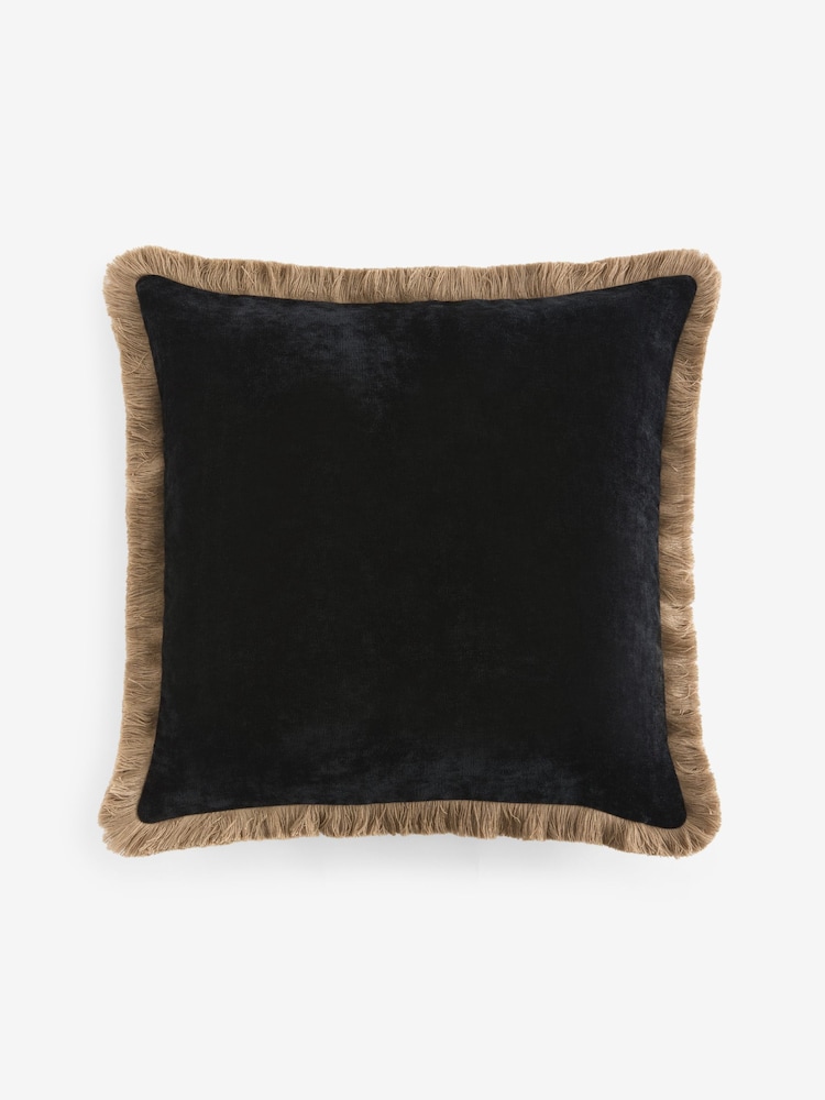 Black 45 x 45cm Soft Velour Fringe Cushion - Image 2 of 2