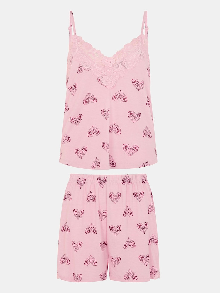 Accessorize Pink Heart Print Lace Trim Short Pyjamas Set - Image 1 of 1 Accessorize Pink Heart Print Lace Trim Short Pyjamas Set - Image 1 of 1