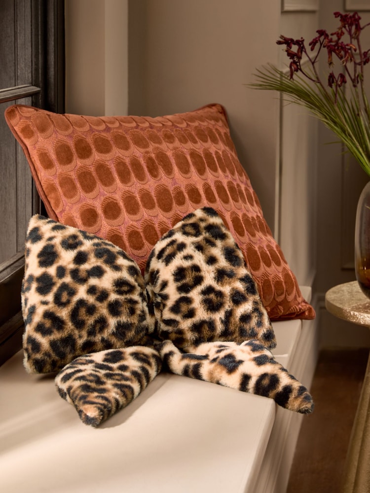Natural 3D Faux Fur Leopard Print Cushion - Image 1 of 4 Natural 3D Faux Fur Leopard Print Cushion - Image 1 of 4