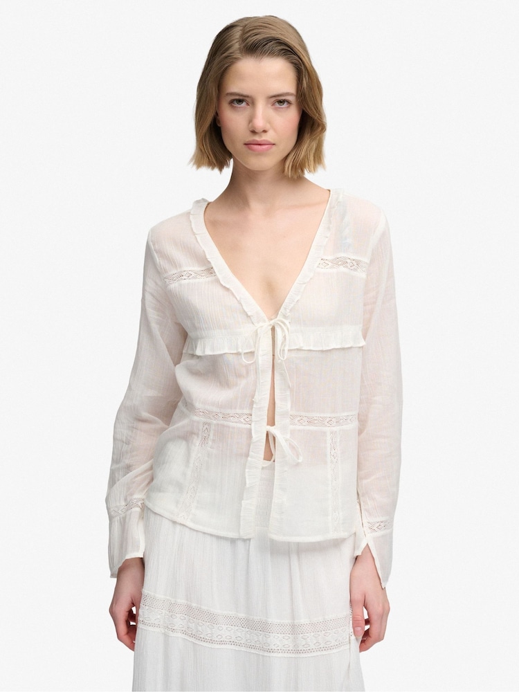 Superdry White Long-Sleeved Lace Blouse - Image 1 of 6