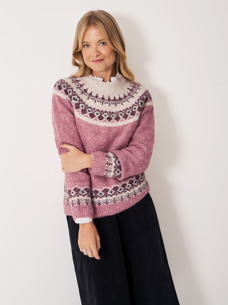 Crew Clothing Pink Crew Neck Yoke Fair Isle Jumper - Image 1 of 5 Crew Clothing Pink Crew Neck Yoke Fair Isle Jumper - Image 1 of 5