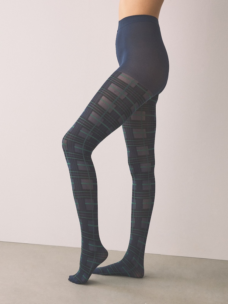 Black/Green/Navy - Tartan Check Pattern 40 Denier Tights - 画像 1 / 4