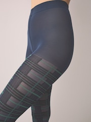 Black/Green/Navy - Tartan Check Pattern 40 Denier Tights - 画像 3 / 4
