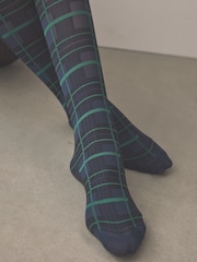 Black/Green/Navy - Tartan Check Pattern 40 Denier Tights - 画像 4 / 4