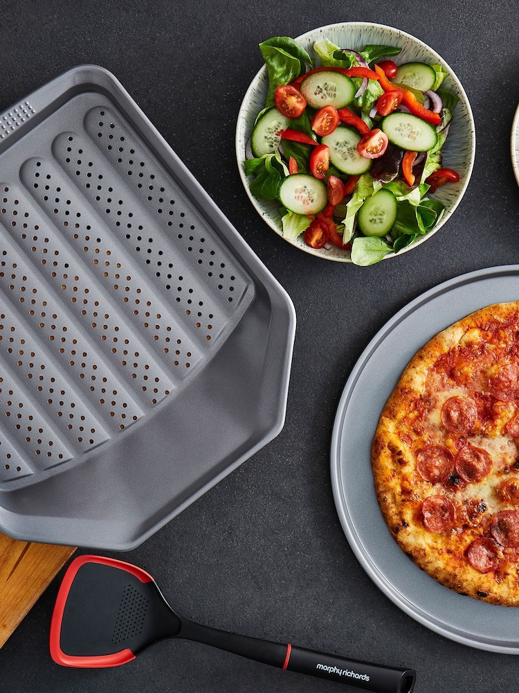Morphy Richards Silver/Grey Pizza Pan and Crisper Tray Set - Image 1 of 6 Morphy Richards Silver/Grey Pizza Pan and Crisper Tray Set - Image 1 of 6