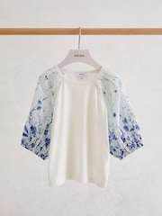 Reiss Blue Print Xanthe Cotton Floral Balloon-Sleeve Top - Image 1 of 3
