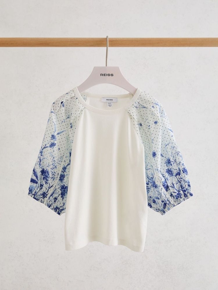Reiss Blue Print Xanthe Cotton Floral Balloon-Sleeve Top - Image 1 of 3