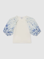 Reiss Blue Print Xanthe Cotton Floral Balloon-Sleeve Top - Image 2 of 3