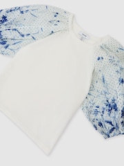 Reiss Blue Print Xanthe Cotton Floral Balloon-Sleeve Top - Image 3 of 3
