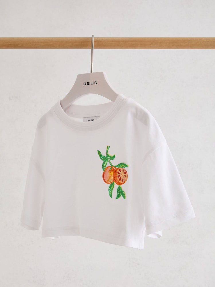 Reiss White Bertie Cotton Embroidered Cropped T-Shirt - Image 1 of 3