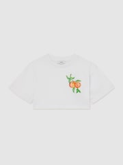 Reiss White Bertie Cotton Embroidered Cropped T-Shirt - Image 1 of 3