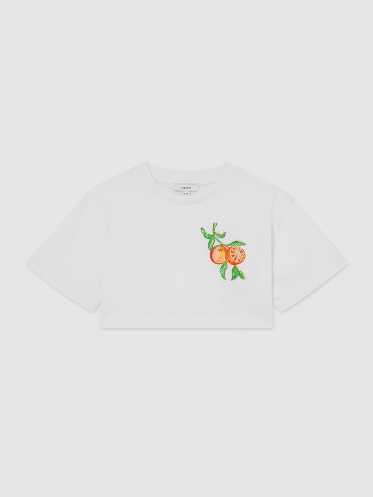 Reiss White Bertie Cotton Embroidered Cropped T-Shirt - Image 1 of 3