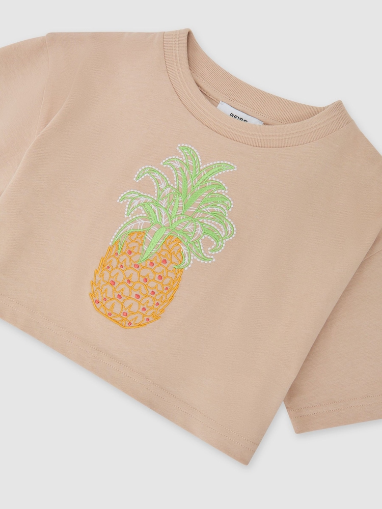 Reiss Neutral Bertie Cotton Embroidered Cropped T-Shirt - Image 1 of 3 Reiss Neutral Bertie Cotton Embroidered Cropped T-Shirt - Image 1 of 3