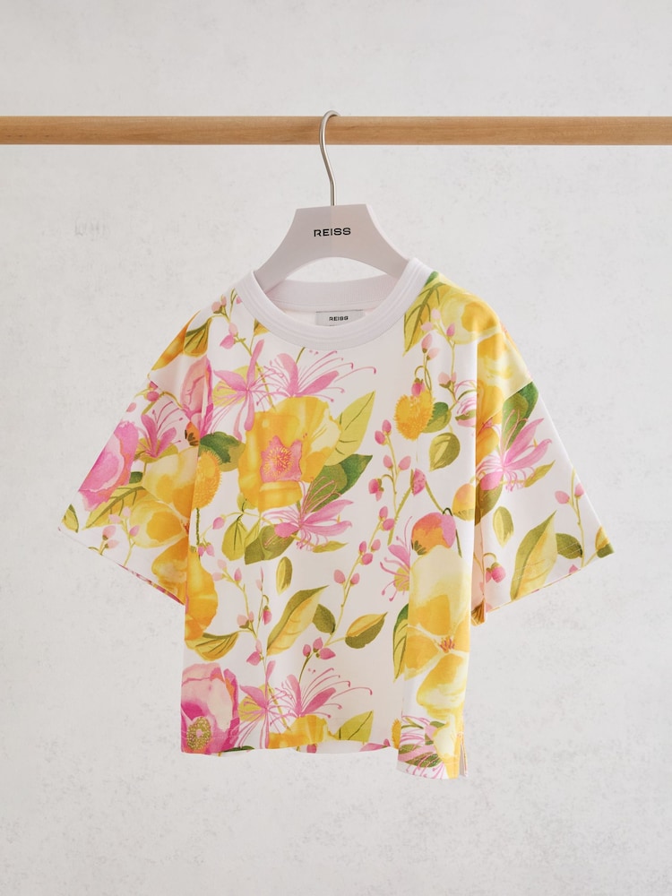 Reiss Ivory Print Bonnie Cotton Floral-Print Relaxed T-Shirt - Image 2 of 3 Reiss Ivory Print Bonnie Cotton Floral-Print Relaxed T-Shirt - Image 2 of 3