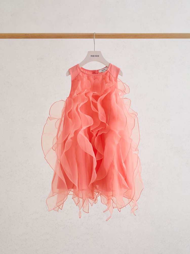 Reiss Coral Pink Ellenora 13-14 yrs Ruffle-Detail Organza Dress - Image 2 of 3